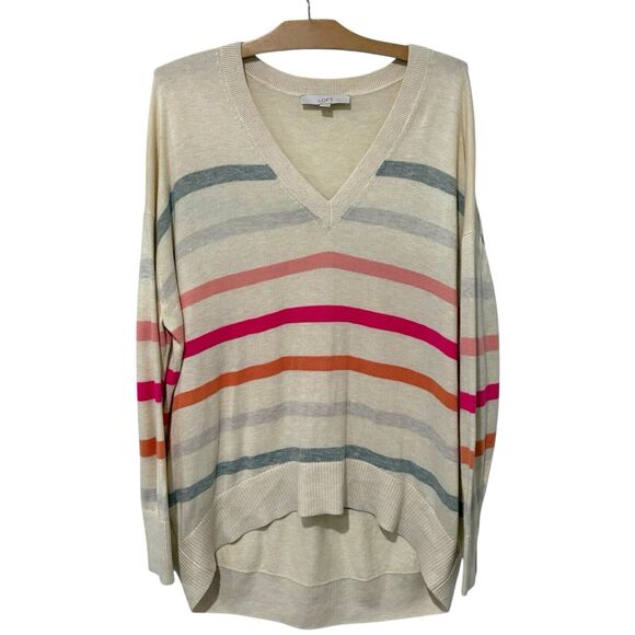 Ann Taylor LOFT | Sweater Pullover V Neck Striped Long Sleeve Pink- Size Large - Picture 1 of 9